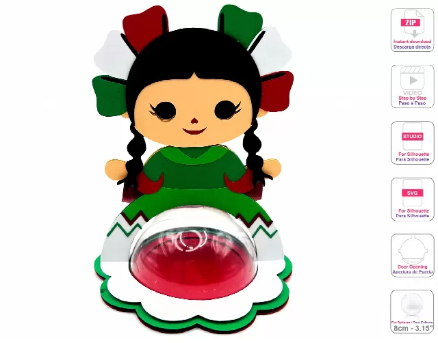 Maria Mexican Rag Doll candy holder - For 8cm / 3.15” Sphere - Svg and Studio files